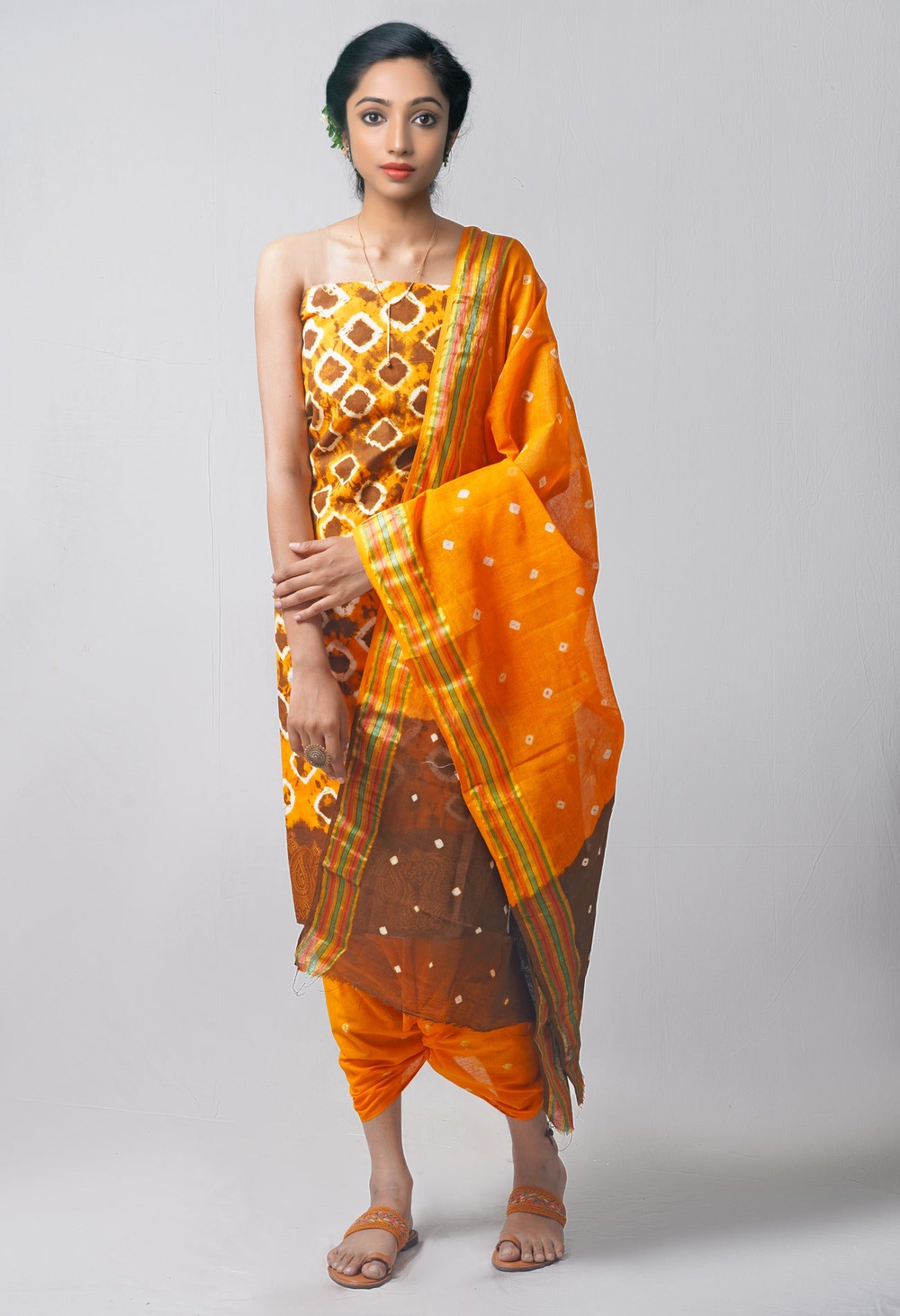 Unstitched Orange-Brown Pure Bandhani Cotton Salwar Kameez –PR8771