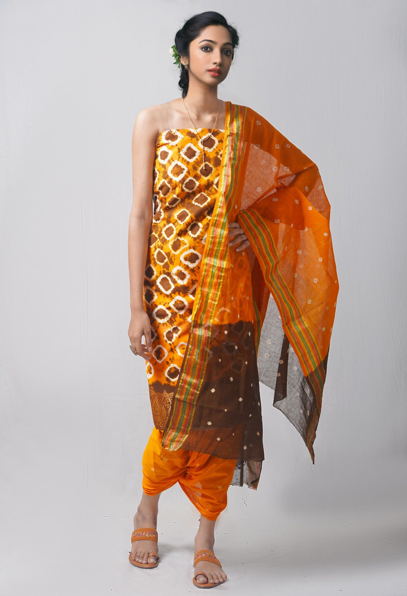 Online Shopping for Unstitched Orange-Brown Pure Bandhani Cotton Salwar Kameez  with Tie and Dye Bandhani from Rajasthan at Unnatisilks.com India
