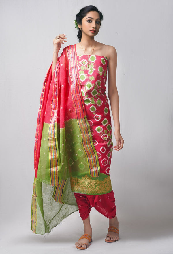 Unstitched Red and Green Pure Bandhani Cotton Salwar Kameez –PR8772