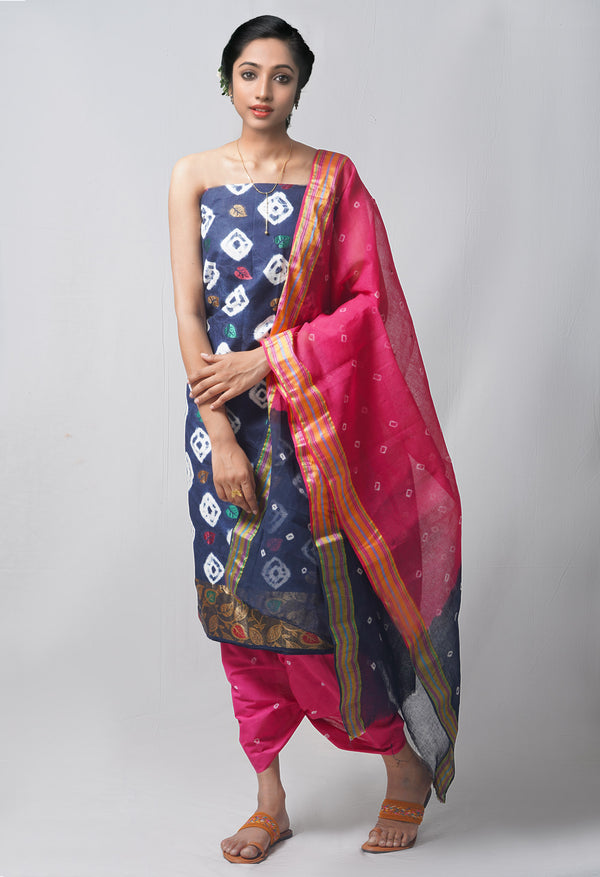 Unstitched Teal-Pink Pure Bandhani Cotton Salwar Kameez –PR8775