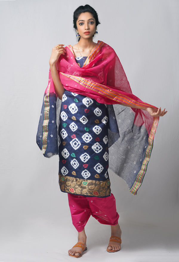 Unstitched Teal-Pink Pure Bandhani Cotton Salwar Kameez –PR8775