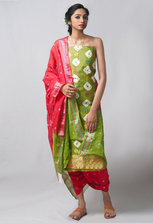Unstitched Green-Red Pure Bandhani Cotton Salwar Kameez –PR8777