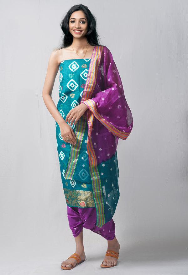 Online Shopping for Unstitched Green-Purple Pure Bandhani Cotton Salwar Kameez  with Tie and Dye Bandhani from Rajasthan at Unnatisilks.com India
