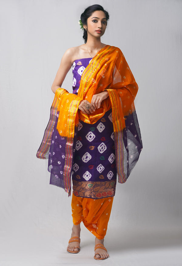 Online Shopping for Unstitched Indigo-Orange Pure Bandhani Cotton Salwar Kameez with Tie and Dye Bandhani from Rajasthan at Unnatisilks.com India
