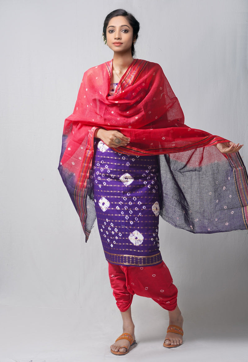 Unstitched Indigo-Red Pure Bandhani Cotton Salwar Kameez –PR8785