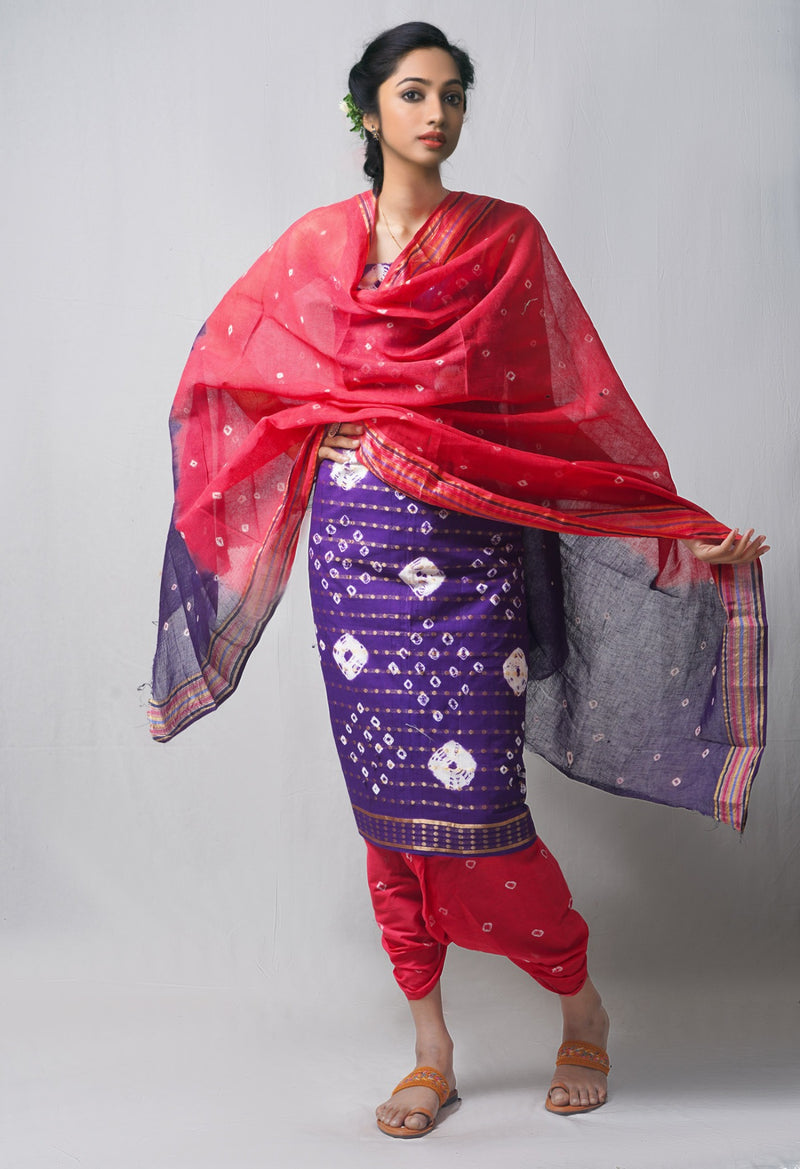 Online Shopping for Unstitched Indigo-Red Pure Bandhani Cotton Salwar Kameez  with Tie and Dye Bandhani from Rajasthan at Unnatisilks.com India
