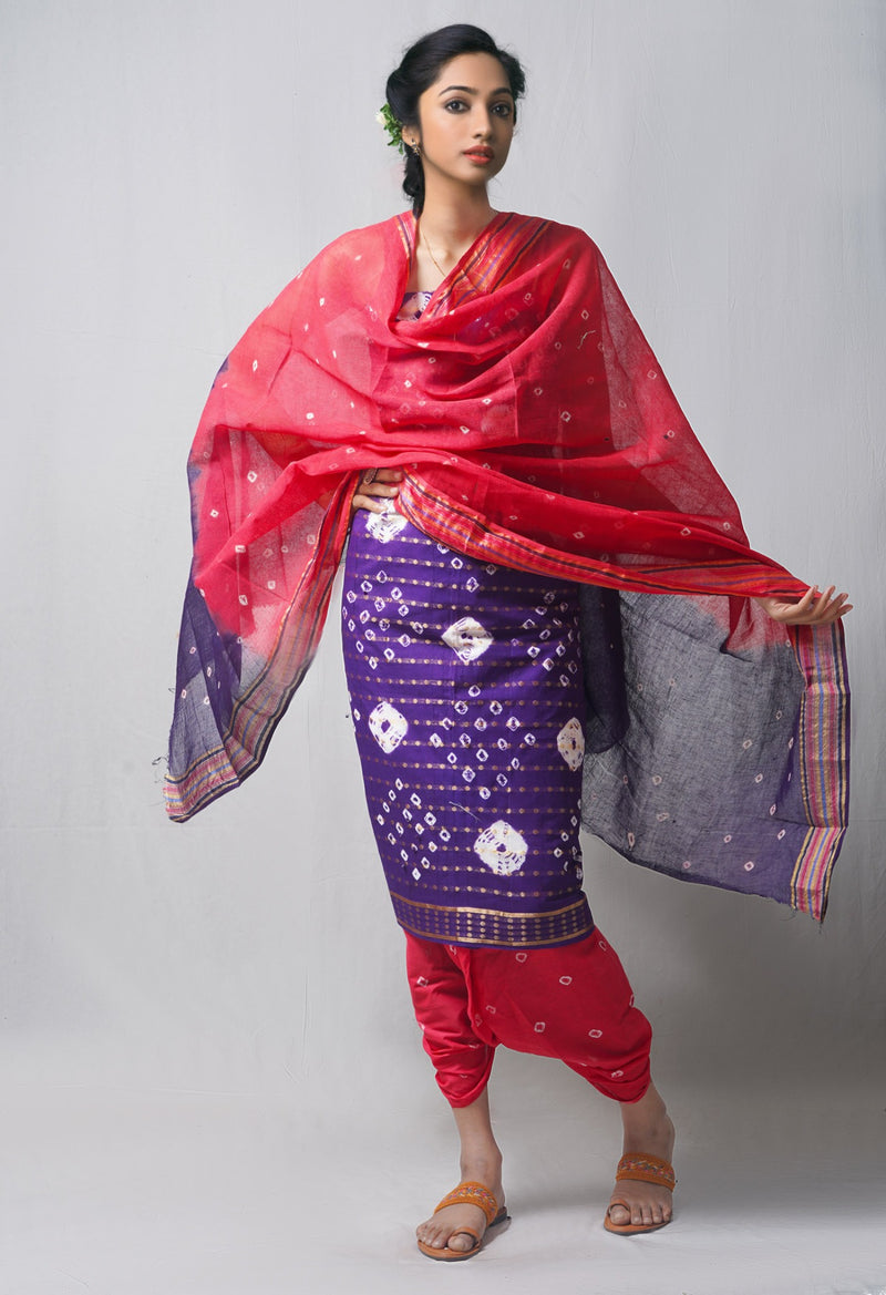 Online Shopping for Unstitched Indigo-Red Pure Bandhani Cotton Salwar Kameez  with Tie and Dye Bandhani from Rajasthan at Unnatisilks.com India
