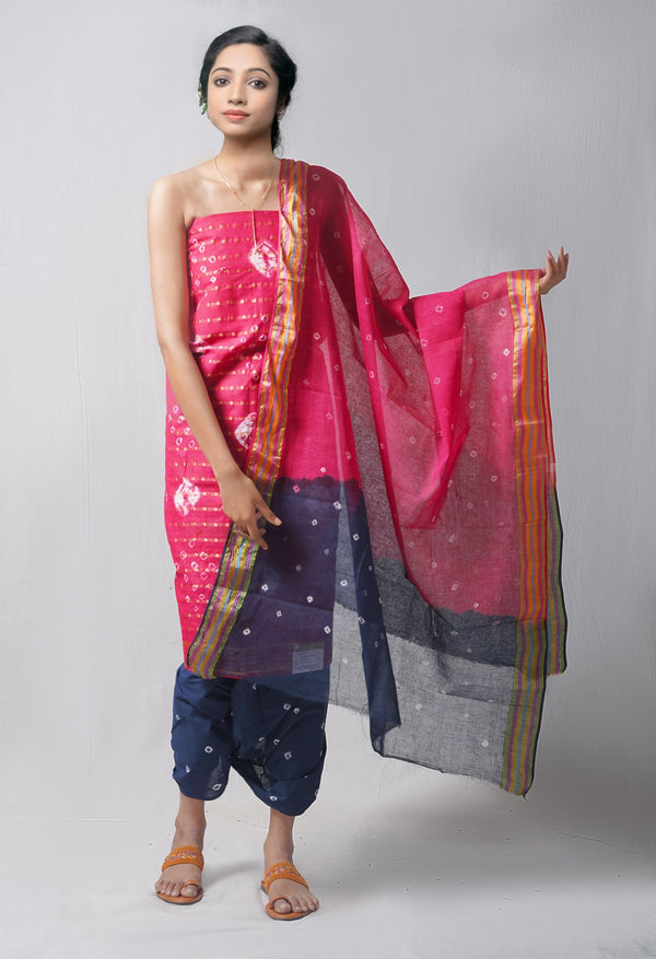 Unstitched Pink-Grey Pure Bandhani Cotton Salwar Kameez –PR8786