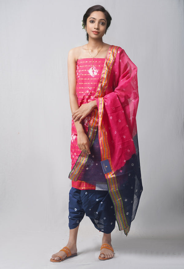 Online Shopping for Unstitched Pink-Grey Pure Bandhani Cotton Salwar Kameez  with Tie and Dye Bandhani from Rajasthan at Unnatisilks.com India
