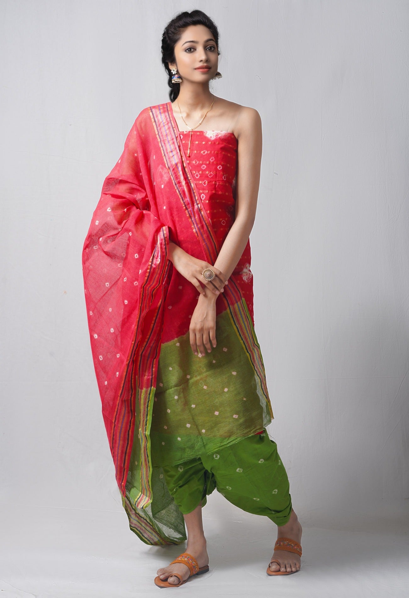 Online Shopping for Unstitched Red-Green Pure Bandhani Cotton Salwar Kameez with Tie and Dye Bandhani from Rajasthan at Unnatisilks.com India
