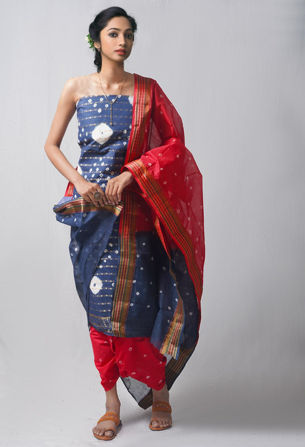 Unstitched Teal-Red Pure Bandhani Cotton Salwar Kameez –PR8789