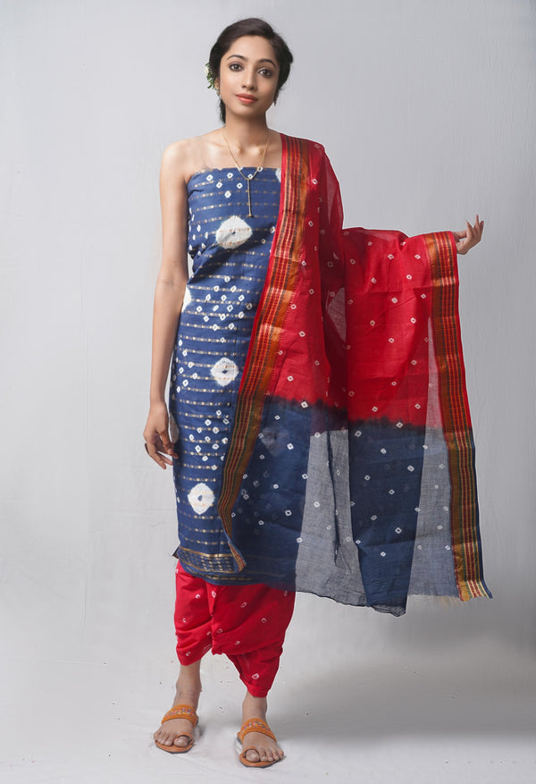 Online Shopping for Unstitched Teal-Red Pure Bandhani Cotton Salwar Kameez with Tie and Dye Bandhani from Rajasthan at Unnatisilks.com India
