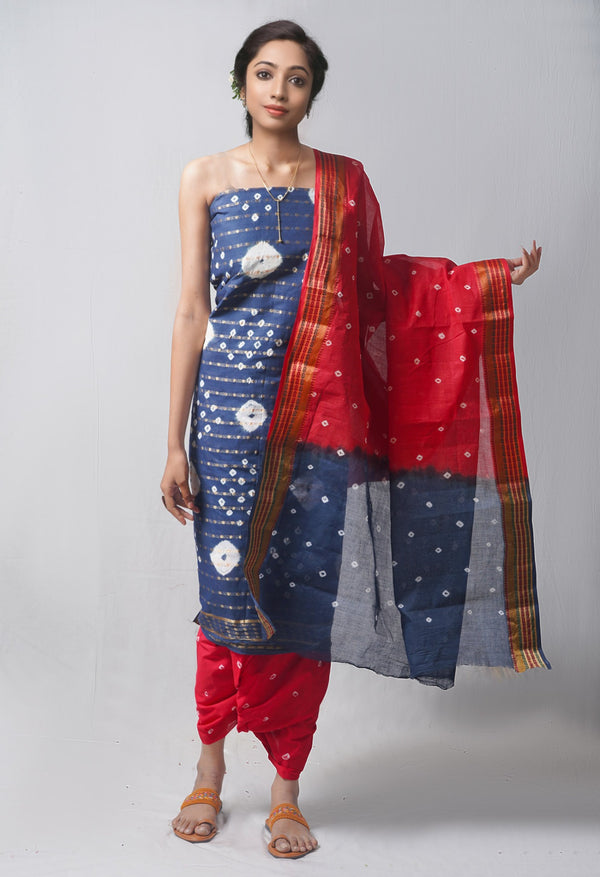 Online Shopping for Unstitched Teal-Red Pure Bandhani Cotton Salwar Kameez with Tie and Dye Bandhani from Rajasthan at Unnatisilks.com India
