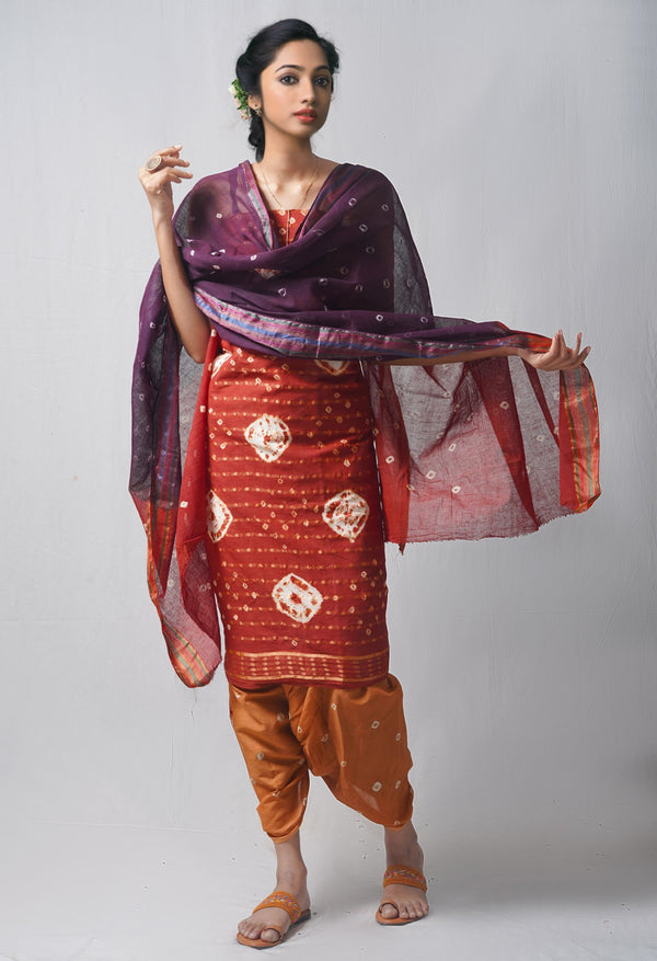 Online Shopping for Unstitched Copper-Brown Pure Bandhani Cotton Salwar Kameez with Tie and Dye Bandhani from Rajasthan at Unnatisilks.com India
