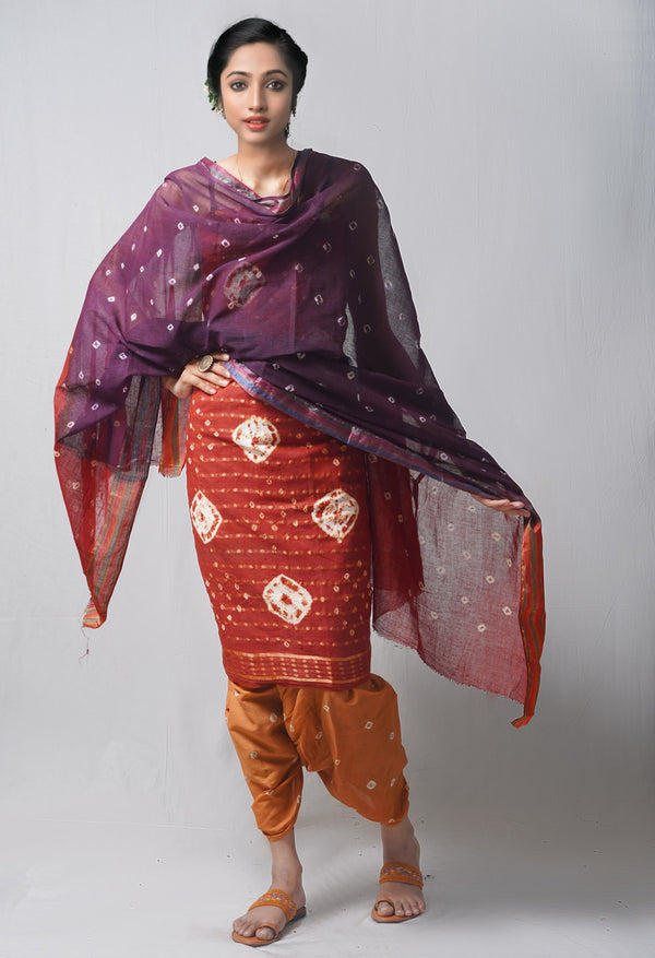 Unstitched Copper-Brown Pure Bandhani Cotton Salwar Kameez –PR8790