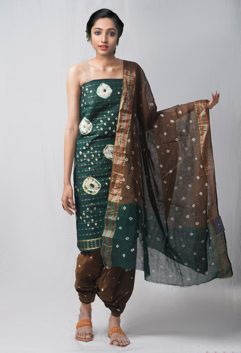 Unstitched Dark Green-Brown Pure Bandhani Cotton Salwar Kameez –PR8791