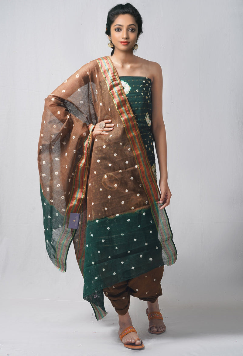 Online Shopping for Unstitched Dark Green-Brown Pure Bandhani Cotton Salwar Kameez –PR8791 with Tie and Dye Bandhani. from Rajasthan at Unnatisilks.com India
