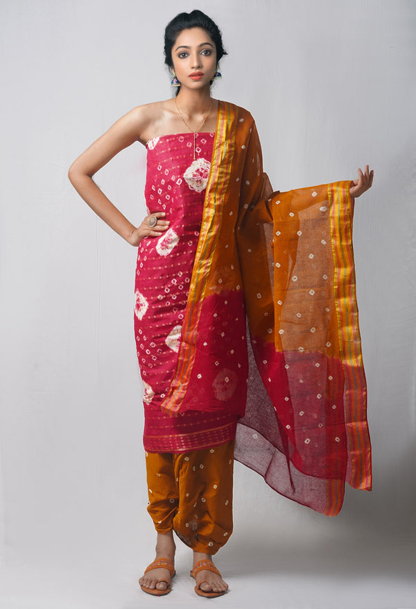 Online Shopping for Unstitched Maroon-Ochre Pure Bandhani Cotton Salwar Kameez –PR8792 with Tie and Dye Bandhani. from Rajasthan at Unnatisilks.com India
