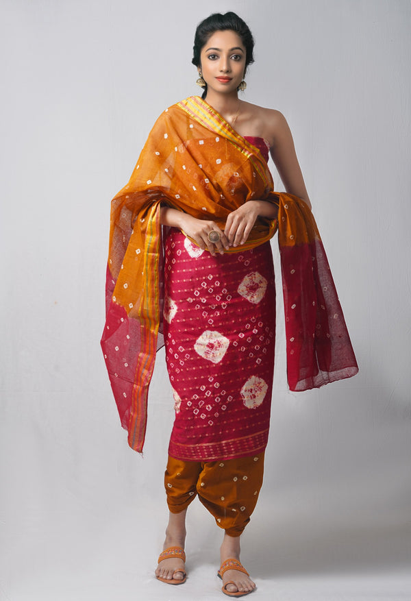 Online Shopping for Unstitched Maroon-Ochre Pure Bandhani Cotton Salwar Kameez –PR8792 with Tie and Dye Bandhani. from Rajasthan at Unnatisilks.com India
