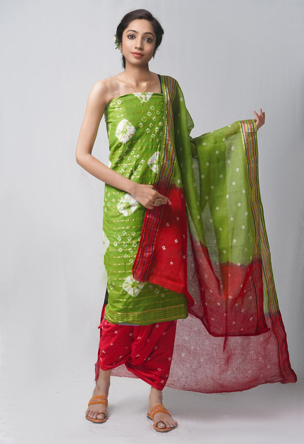 Unstitched Green-Red Pure Bandhani Cotton Salwar Kameez –PR8794