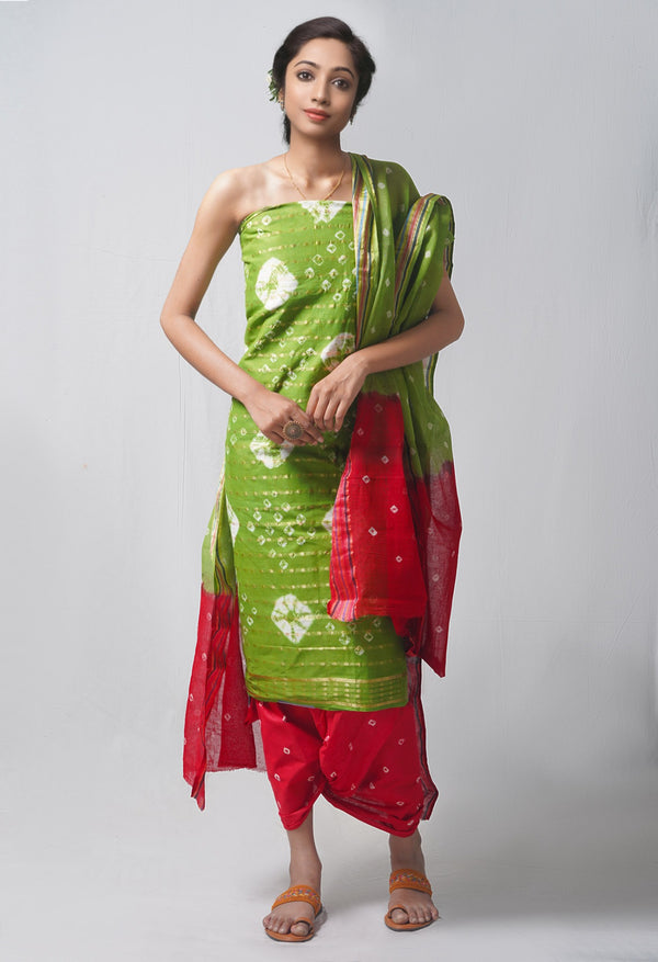 Online Shopping for Unstitched Green-Red Pure Bandhani Cotton Salwar Kameez –PR8794 with Tie and Dye Bandhani. from Rajasthan at Unnatisilks.com India
