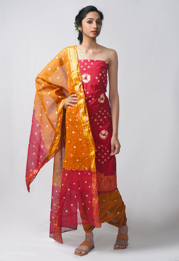 Unstitched Maroon-Ochre Pure Bandhani Cotton Salwar Kameez –PR8795