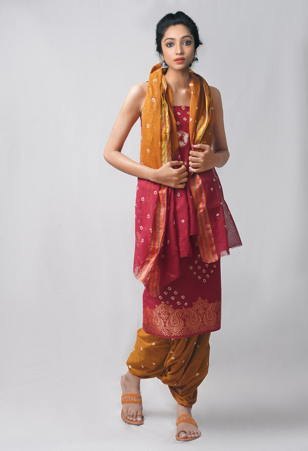 Online Shopping for Unstitched Maroon-Ochre Pure Bandhani Cotton Salwar Kameez –PR8795 with Tie and Dye Bandhani. from Rajasthan at Unnatisilks.com India
