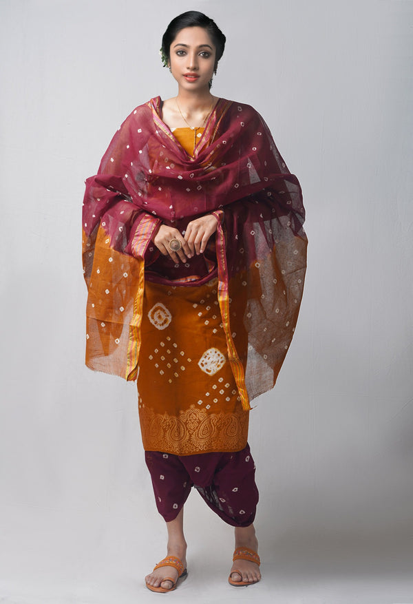 Online Shopping for Unstitched Maroon-Ochre Unstitched Ochre-Dark Purple Pure Bandhani Cotton Salwar Kameez –PR8796 –PR8795 with Tie and Dye Bandhani. from Rajasthan at Unnatisilks.com India
