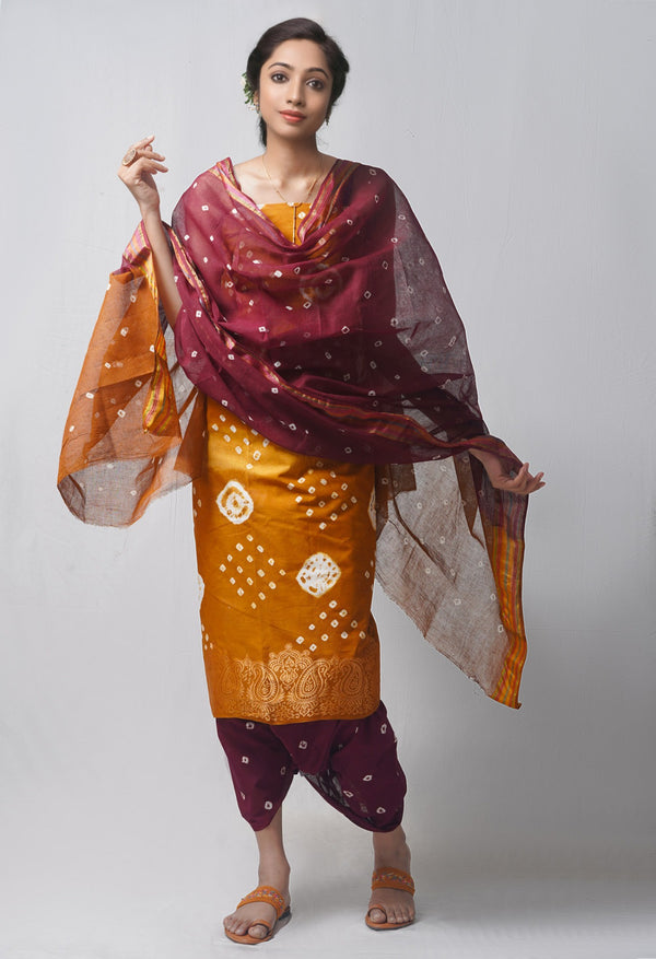 Online Shopping for Unstitched Maroon-Ochre Unstitched Ochre-Dark Purple Pure Bandhani Cotton Salwar Kameez –PR8796 –PR8795 with Tie and Dye Bandhani. from Rajasthan at Unnatisilks.com India
