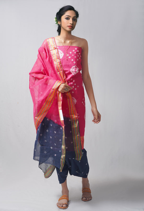 Unstitched Cerise-Teal Pure Bandhani Cotton Salwar Kameez –PR8797