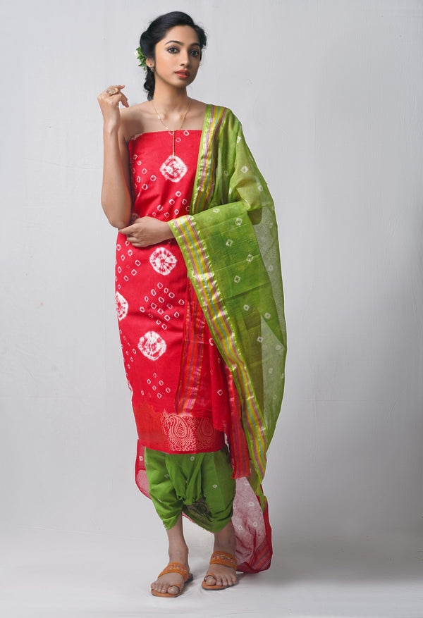 Unstitched Red-Green Pure Bandhani Cotton Salwar Kameez –PR8798