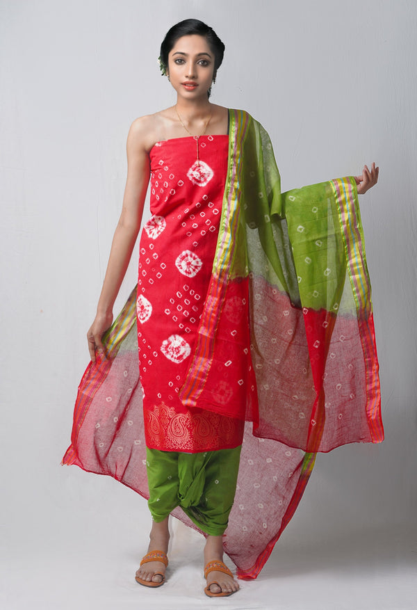 Online Shopping for Unstitched Red-Green Pure Bandhani Cotton Salwar Kameez –PR8798 with Tie and Dye Bandhani. from Rajastan at Unnatisilks.com India
