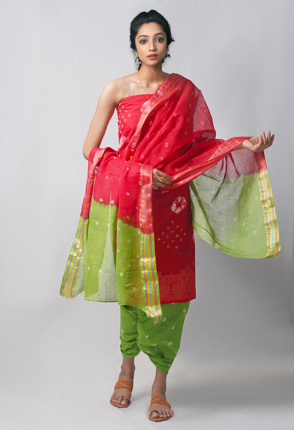 Unstitched Red-Green Pure Bandhani Cotton Salwar Kameez –PR8799