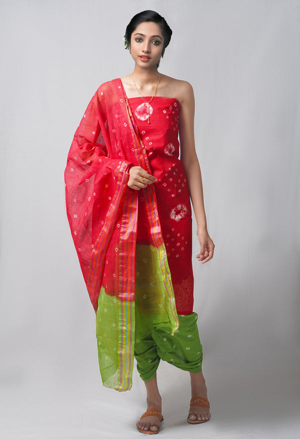 Unstitched Red-Green Pure Bandhani Cotton Salwar Kameez –PR8799