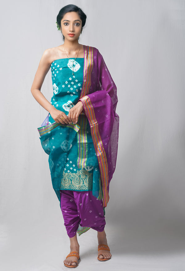 Unstitched Green-Purple Pure Bandhani Cotton Salwar Kameez –PR8800