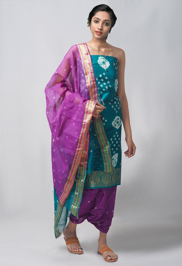 Unstitched Green-Purple Pure Bandhani Cotton Salwar Kameez –PR8800