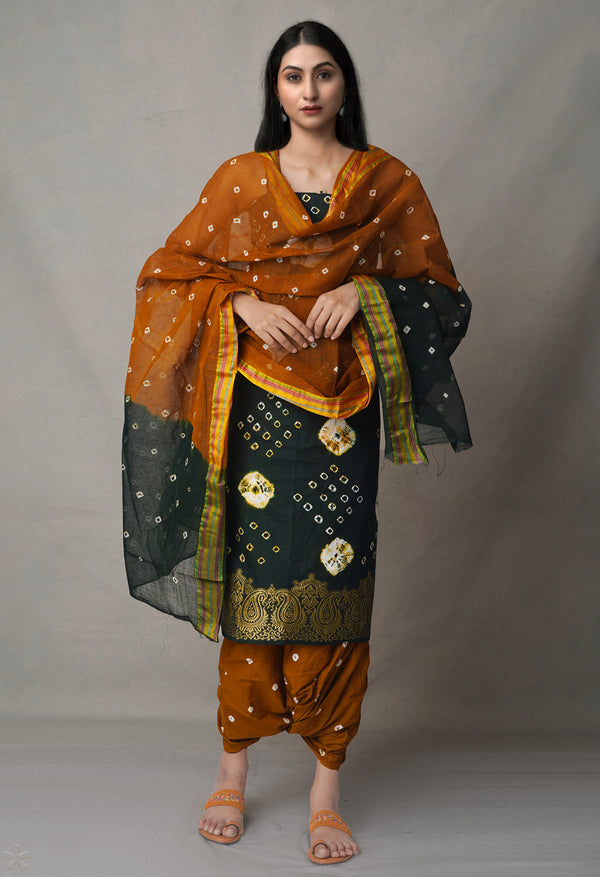 Unstitched Dark Green-Ochre Pure Bandhani Cotton Salwar Kameez –PR8801