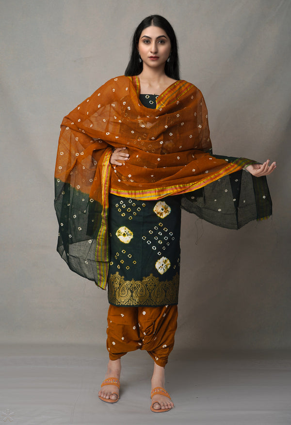 Unstitched Dark Green-Ochre Pure Bandhani Cotton Salwar Kameez –PR8801