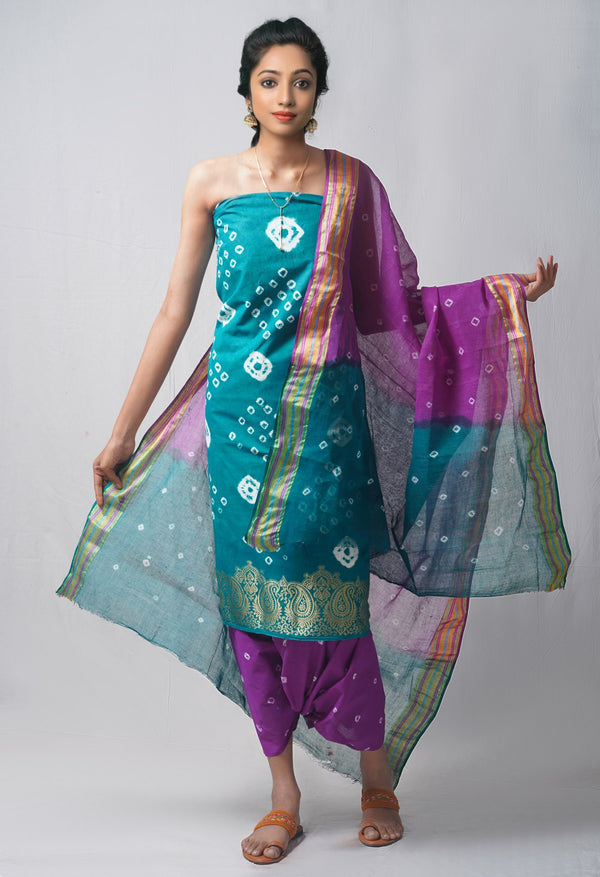 Unstitched Green-Purple Pure Bandhani Cotton Salwar Kameez –PR8802