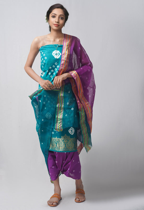 Online Shopping for Unstitched Green-Purple Pure Bandhani Cotton Salwar Kameez –PR8802 with Tie and Dye Bandhani. from Rajastan at Unnatisilks.com India
