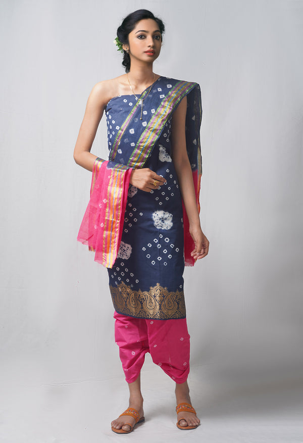 Unstitched Teal-Pink Pure Bandhani Cotton Salwar Kameez –PR8804