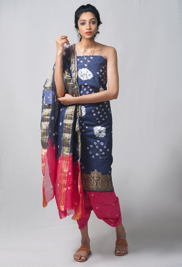 Unstitched Teal-Pink Pure Bandhani Cotton Salwar Kameez –PR8804