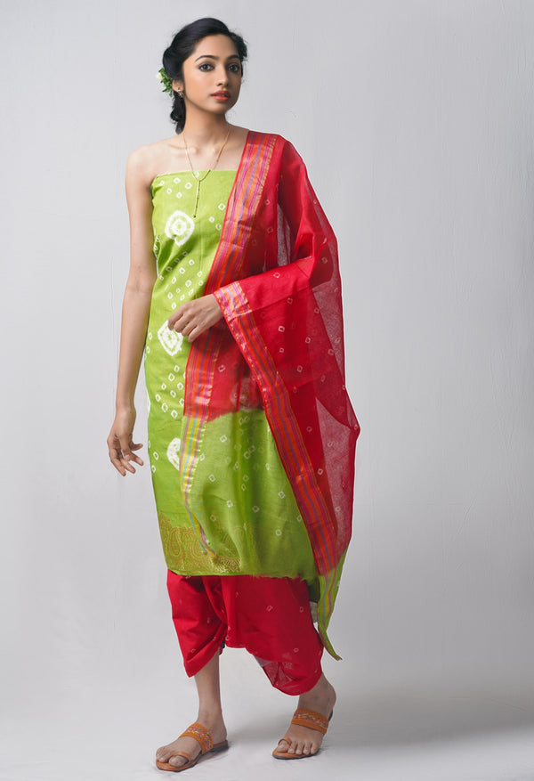 Unstitched Green-Red Pure Bandhani Cotton Salwar Kameez –PR8805