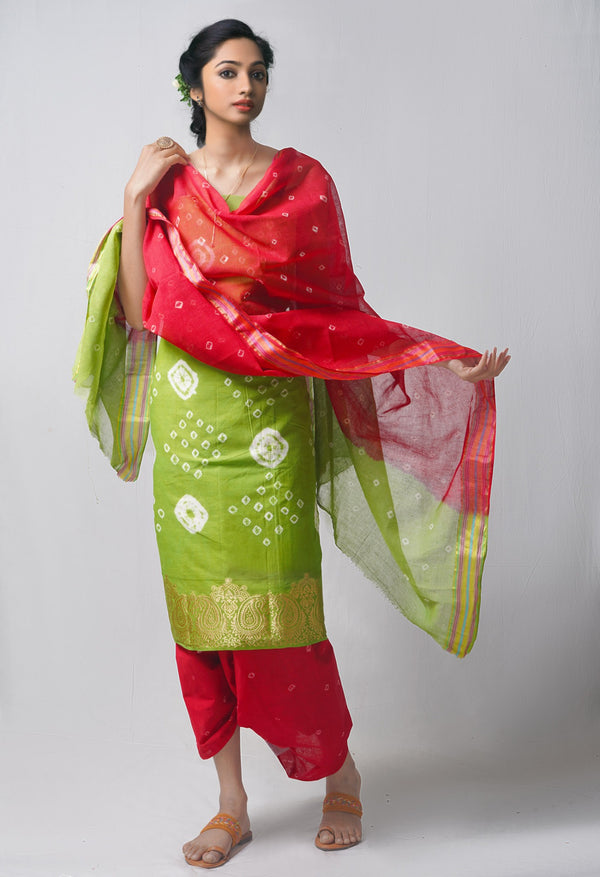 Online Shopping for Unstitched Green-Red Pure Bandhani Cotton Salwar Kameez –PR8805 with Tie and Dye Bandhani. from Rajastan at Unnatisilks.com India
