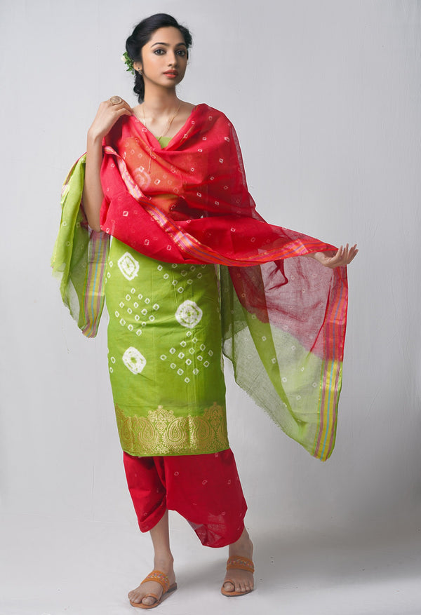 Online Shopping for Unstitched Green-Red Pure Bandhani Cotton Salwar Kameez –PR8805 with Tie and Dye Bandhani. from Rajastan at Unnatisilks.com India
