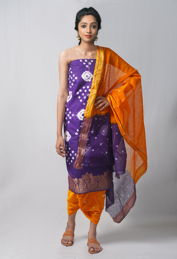 Unstitched Indigo-Orange Pure Bandhani Cotton Salwar Kameez –PR8806