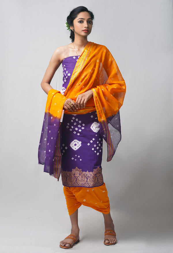 Unstitched Indigo-Orange Pure Bandhani Cotton Salwar Kameez –PR8806