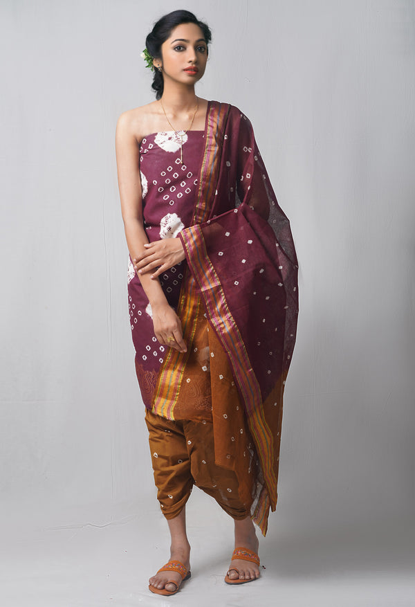 Unstitched Dark Purple-Sepia Pure Bandhani Cotton Salwar Kameez –PR8807