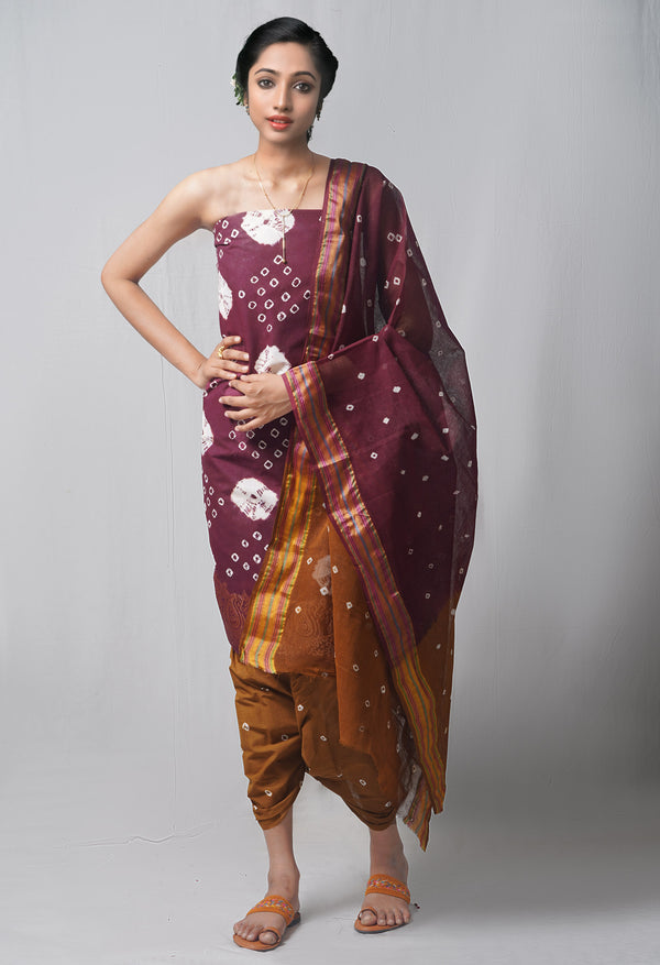 Unstitched Dark Purple-Sepia Pure Bandhani Cotton Salwar Kameez –PR8807