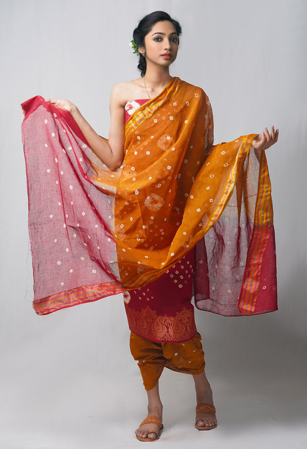 Unstitched Maroon-Ochre Pure Bandhani Cotton Salwar Kameez –PR8808
